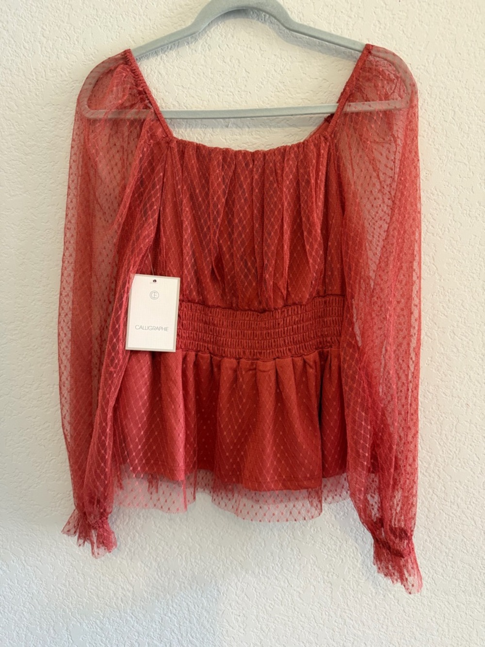 Calligraphie Red Sheer Long-Sleeve Smocked Peplum Blouse - Picture 2 of 3